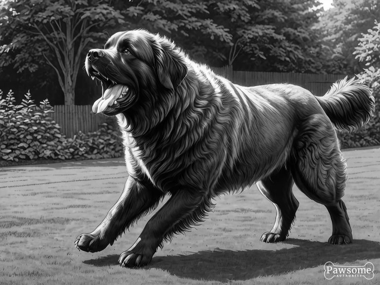 A grayscale illustration of an aggressive Newfoundland growling and showing teeth in a yard.