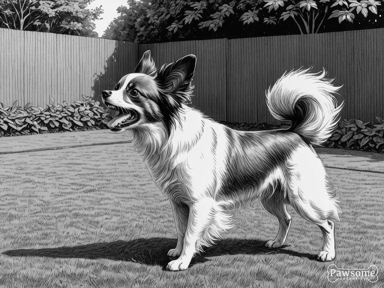 A grayscale illustration of an aggressive Papillon growling and showing teeth in a yard.