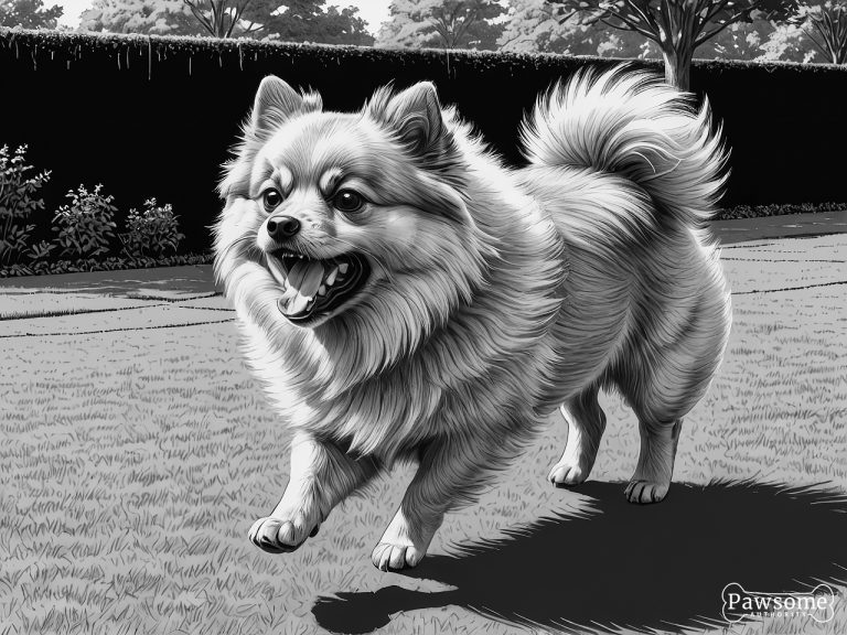 A grayscale illustration of an aggressive Pomeranian growling and showing teeth in a yard.