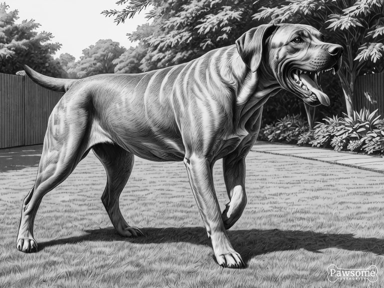 A grayscale illustration of an aggressive Rhodesian Ridgeback growling and showing teeth in a yard.
