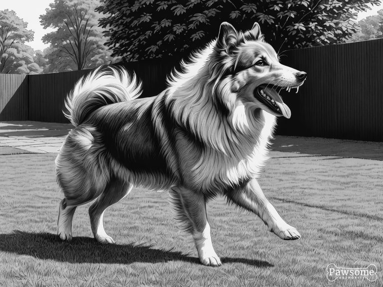 A grayscale illustration of an aggressive Shetland Sheepdog growling and showing teeth in a yard.