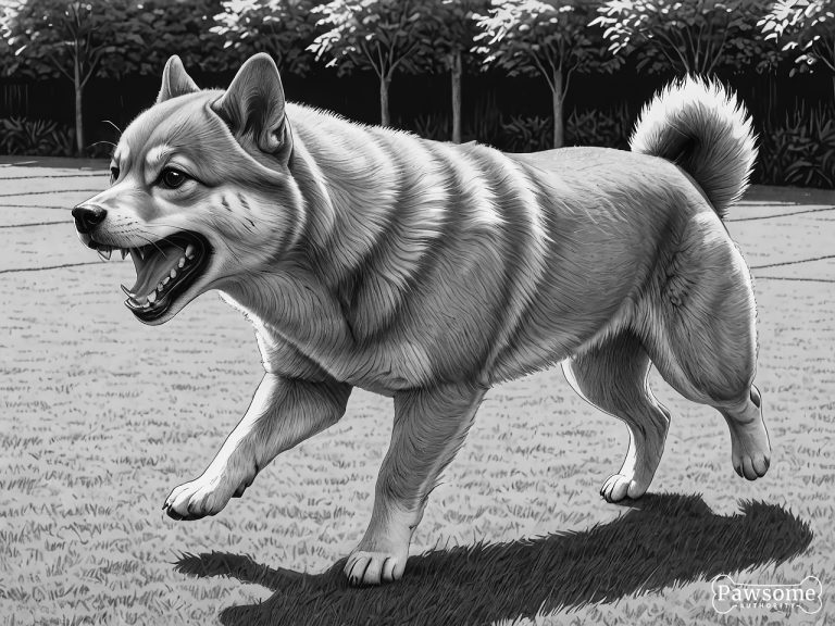 A grayscale illustration of an aggressive Shiba Inu growling and showing teeth in a yard.