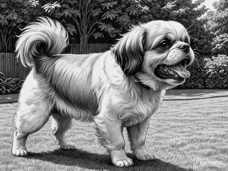 A grayscale illustration of an aggressive Shih Tzu growling and showing teeth in a yard.