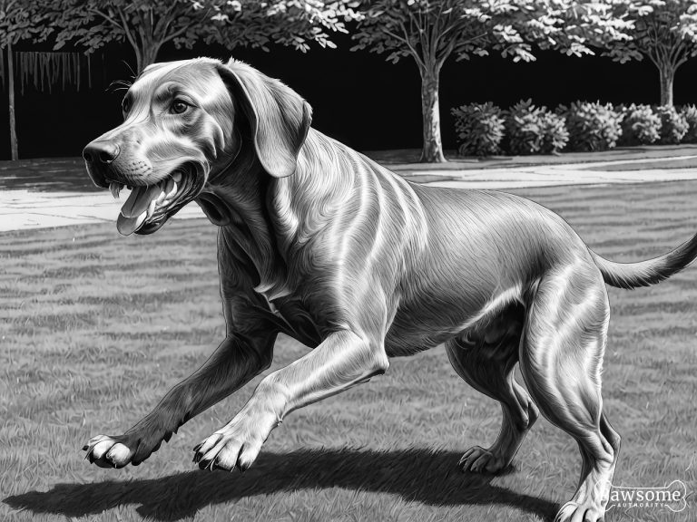 A grayscale illustration of an aggressive Weimaraner growling and showing teeth in a yard.