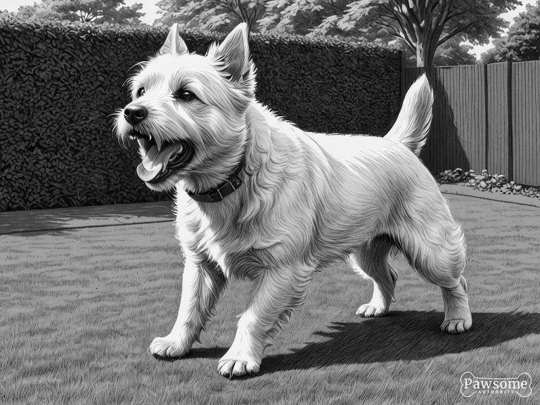A grayscale illustration of an aggressive West Highland White Terrier growling and showing teeth in a yard.
