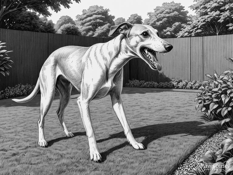 A grayscale illustration of an aggressive Whippet growling and showing teeth in a yard.