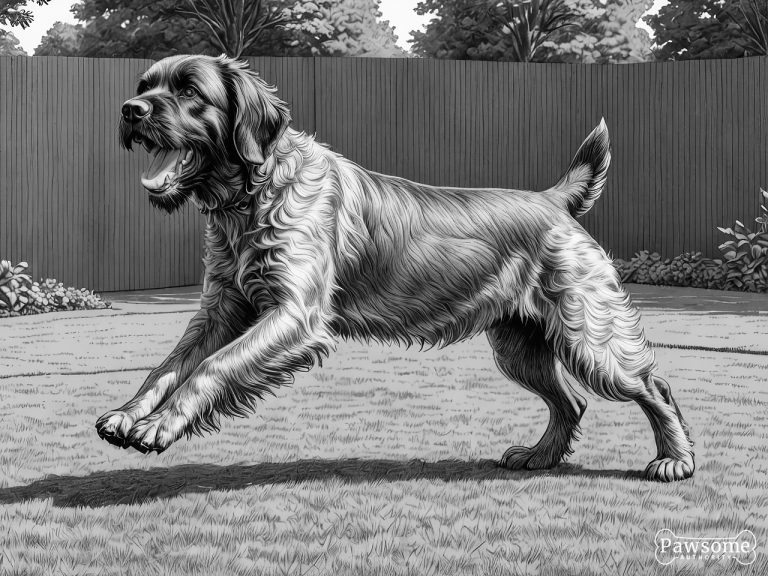 A grayscale illustration of an aggressive Wirehaired Pointing Griffon growling and showing teeth in a yard.
