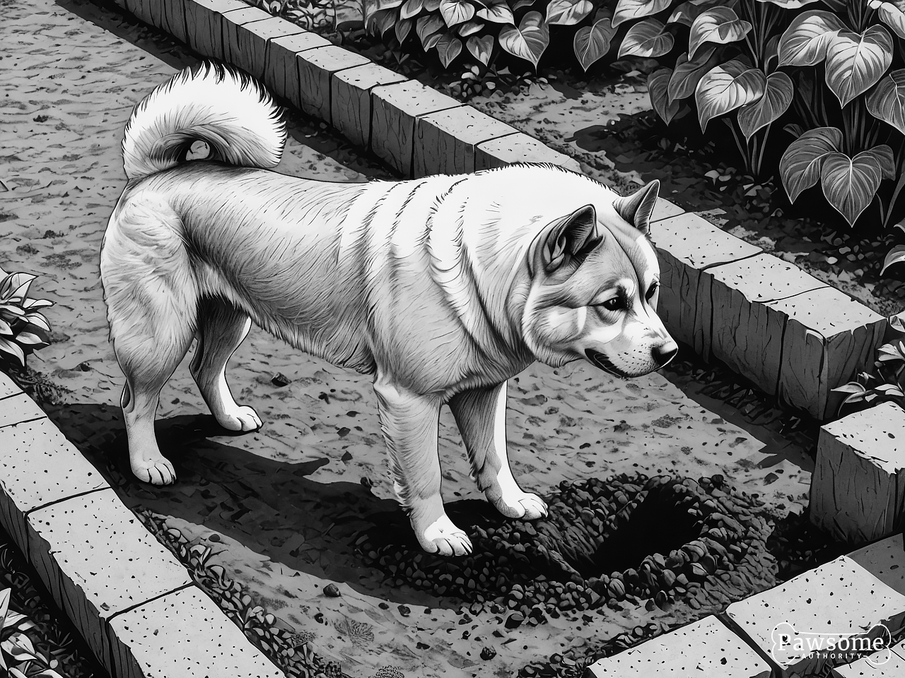 A grayscale illustration of an Akita digging a hole in a garden on a bright and sunny day.