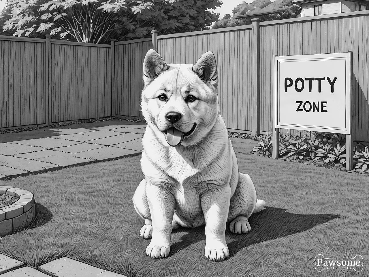 A grayscale illustration of an Akita puppy sitting in a designated potty area in a yard with a sign that reads “Potty Zone”.