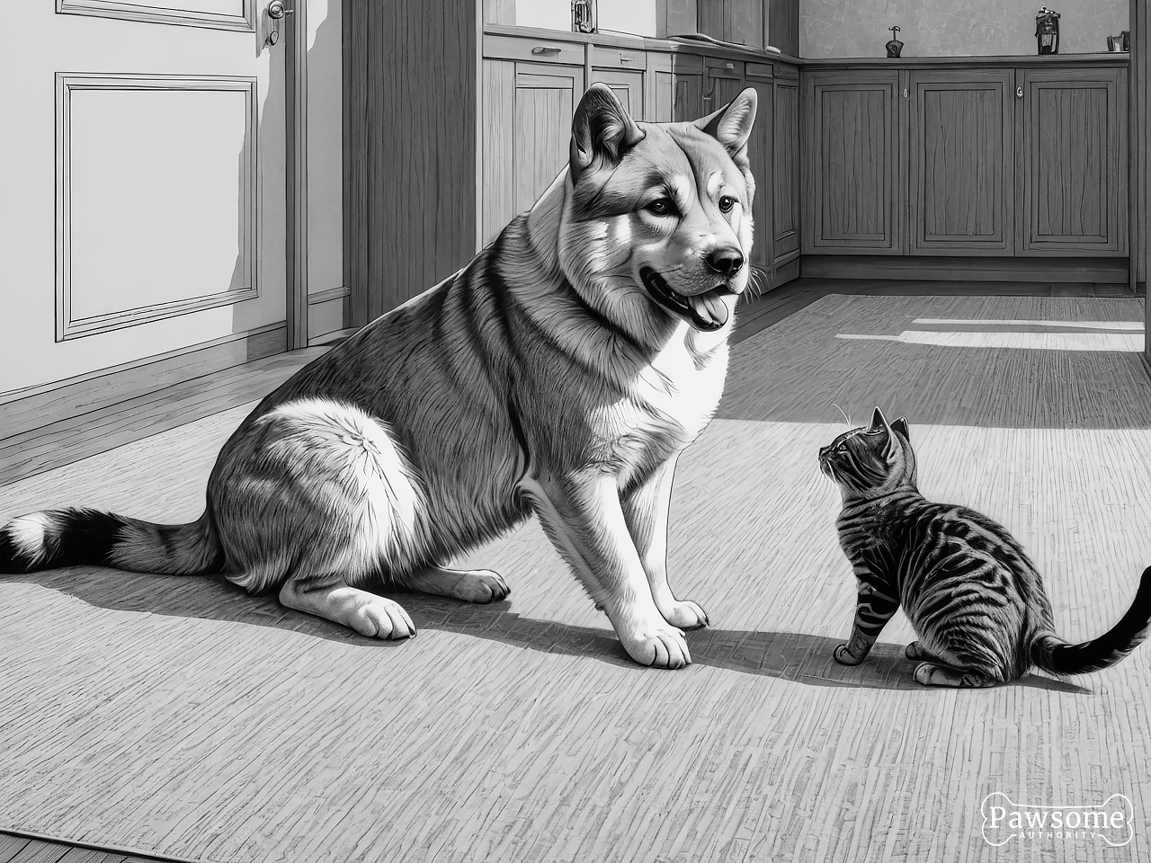 A grayscale illustration of an Akita socializing with a cat on a rug in a living room.