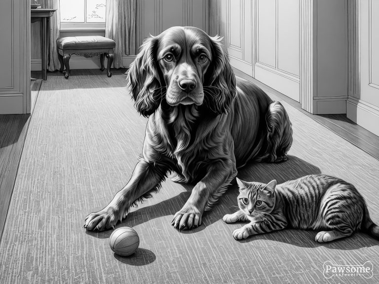 A grayscale illustration of an American Cocker Spaniel socializing with a cat on a rug in a living room.