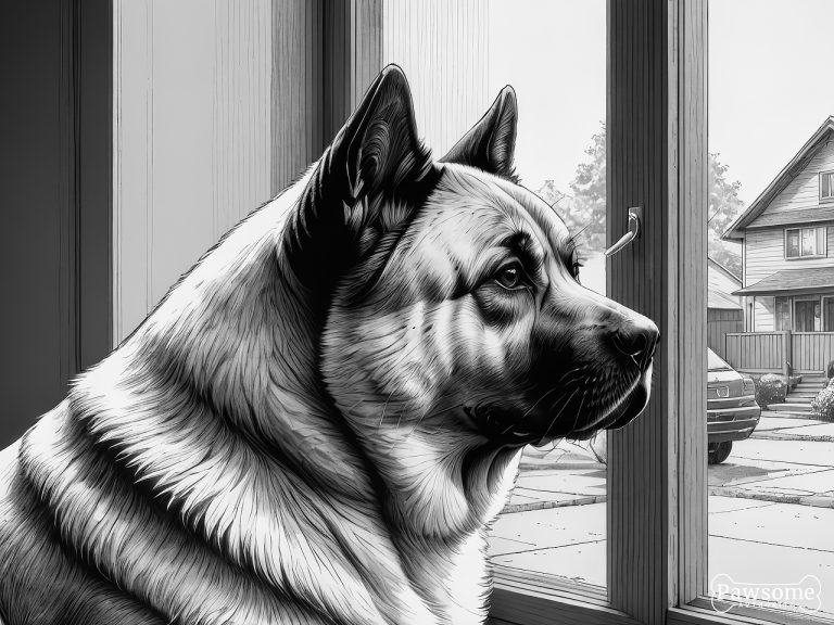 A grayscale illustration of an anxious Akita looking out of a window eagerly waiting for its owner to return.