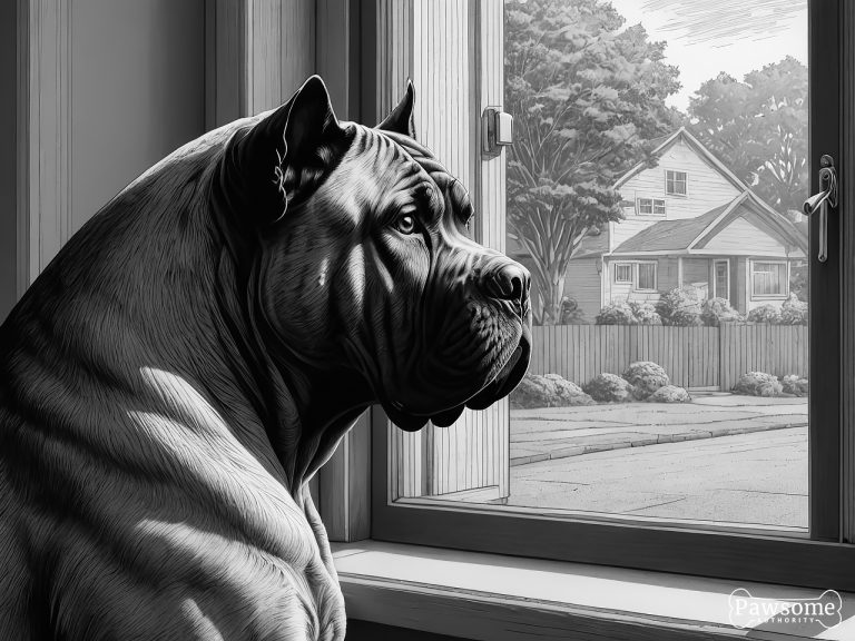 A grayscale illustration of an anxious Cane Corso looking out of a window eagerly waiting for its owner to return.