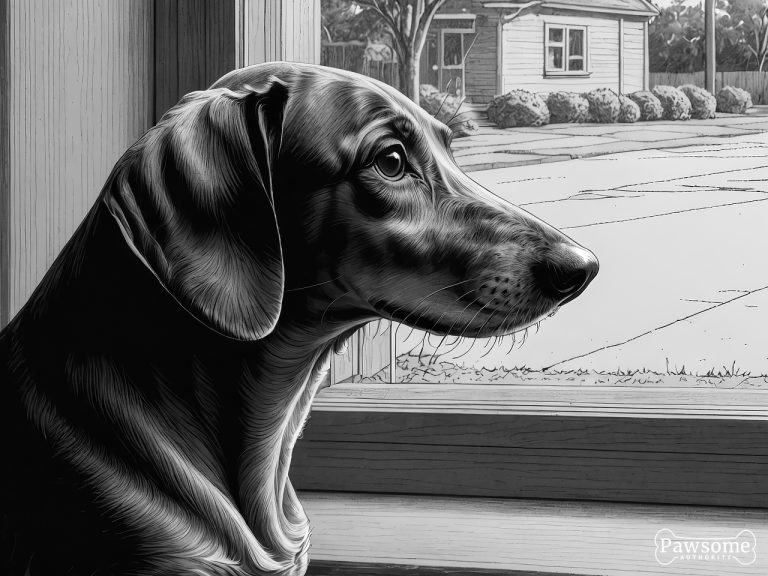 A grayscale illustration of an anxious Dachshund looking out of a window eagerly waiting for its owner to return.