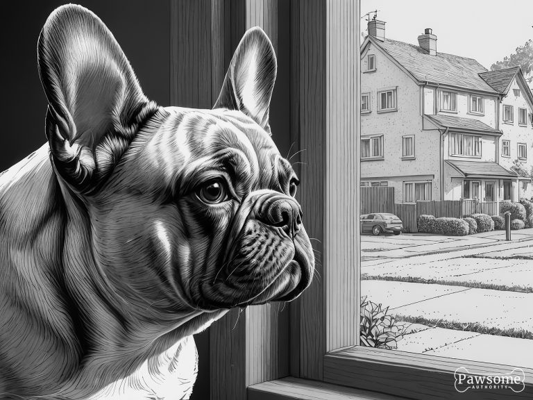 A grayscale illustration of an anxious French Bulldog looking out of a window eagerly waiting for its owner to return.