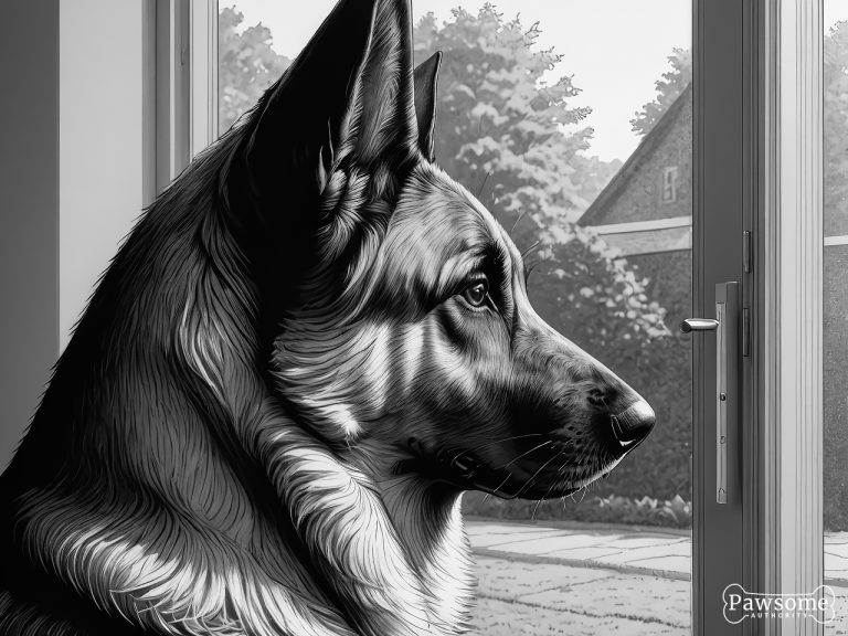 A grayscale illustration of an anxious German Shepherd looking out of a window eagerly waiting for its owner to return.