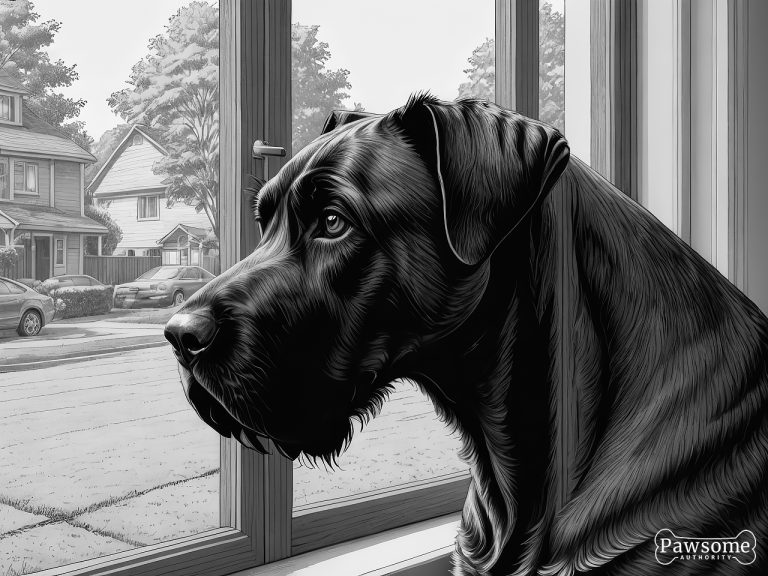 A grayscale illustration of an anxious Giant Schnauzer looking out of a window eagerly waiting for its owner to return.