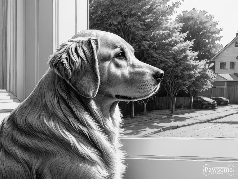 A grayscale illustration of an anxious Golden Retriever looking out of a window eagerly waiting for its owner to return.