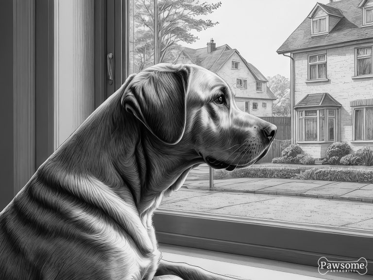 A grayscale illustration of an anxious Labrador Retriever looking out of a window eagerly waiting for its owner to return.