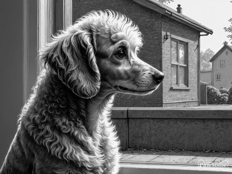 A grayscale illustration of an anxious Miniature Poodle looking out of a window eagerly waiting for its owner to return.
