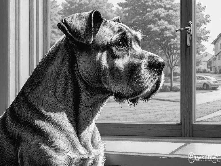 A grayscale illustration of an anxious Miniature Schnauzer looking out of a window eagerly waiting for its owner to return.
