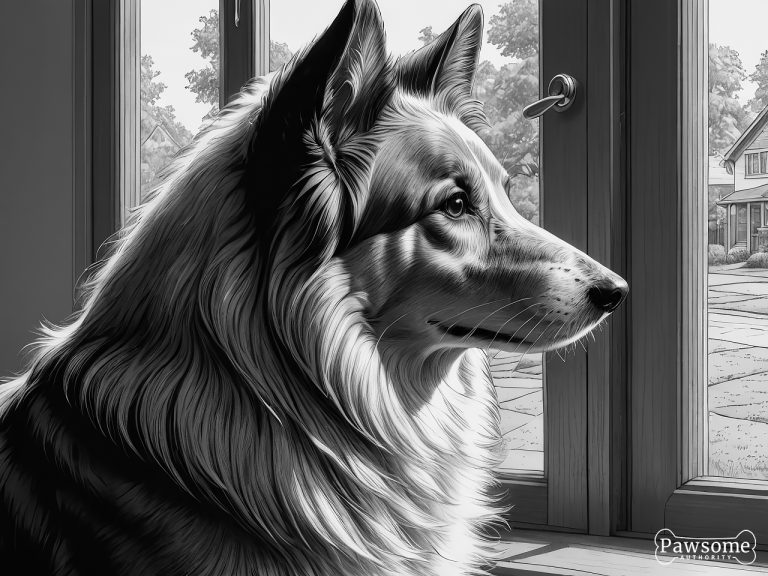 A grayscale illustration of an anxious Shetland Sheepdog looking out of a window eagerly waiting for its owner to return.