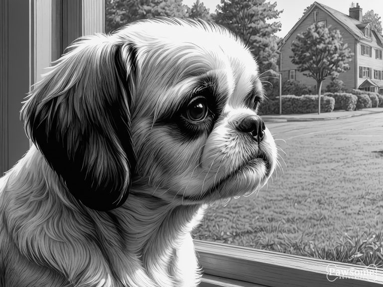 A grayscale illustration of an anxious Shih Tzu looking out of a window eagerly waiting for its owner to return.
