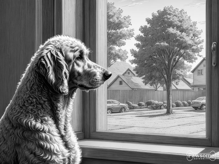 A grayscale illustration of an anxious Standard Poodle looking out of a window eagerly waiting for its owner to return.