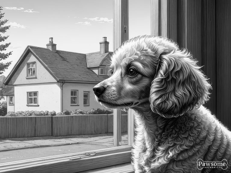 A grayscale illustration of an anxious Toy Poodle looking out of a window eagerly waiting for its owner to return.