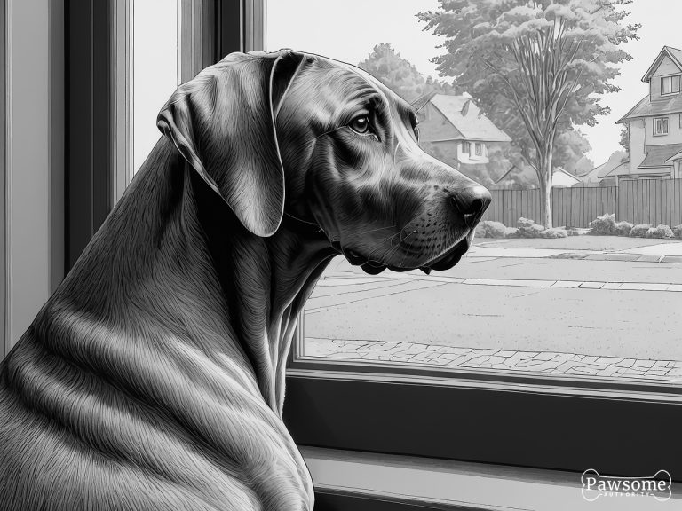 A grayscale illustration of an anxious Weimaraner looking out of a window eagerly waiting for its owner to return.