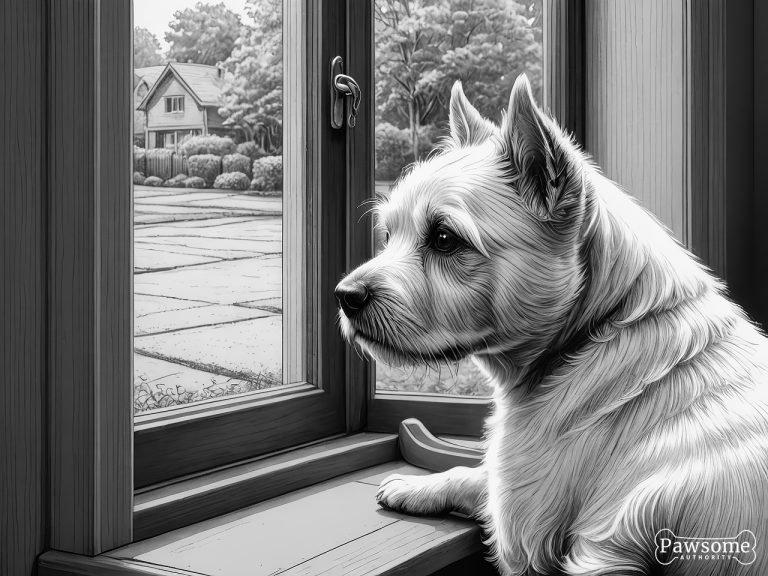 A grayscale illustration of an anxious West Highland White Terrier looking out of a window eagerly waiting for its owner to return.
