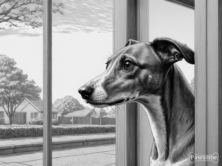 A grayscale illustration of an anxious Whippet looking out of a window eagerly waiting for its owner to return.