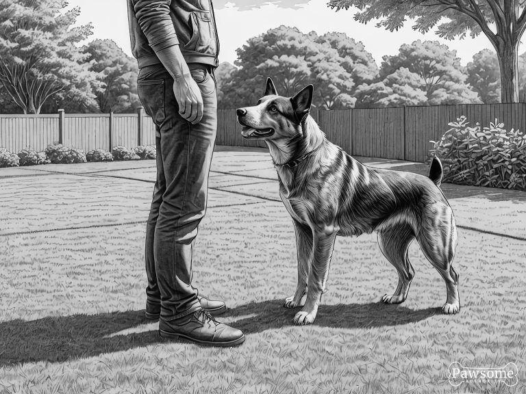 A grayscale illustration of an Australian Cattle Dog beside its owner during an obedience training session in a yard on a sunny day.