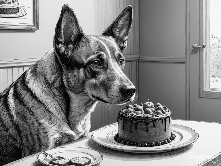 A grayscale illustration of an Australian Cattle Dog demonstrating focus and impulse control in the presence of delectable sweets.