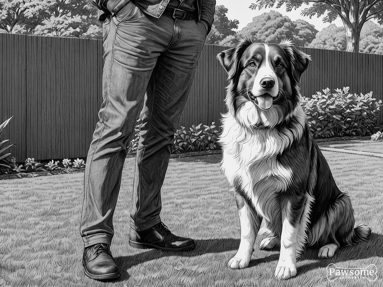 A grayscale illustration of an Australian Shepherd beside its owner during an obedience training session in a yard on a sunny day.