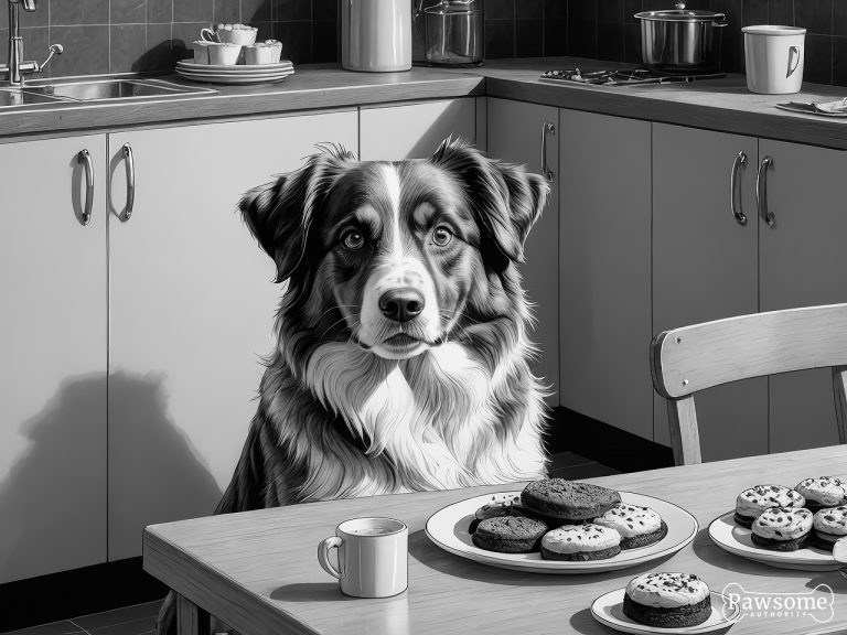 A grayscale illustration of an Australian Shepherd demonstrating focus and impulse control in the presence of delectable sweets.