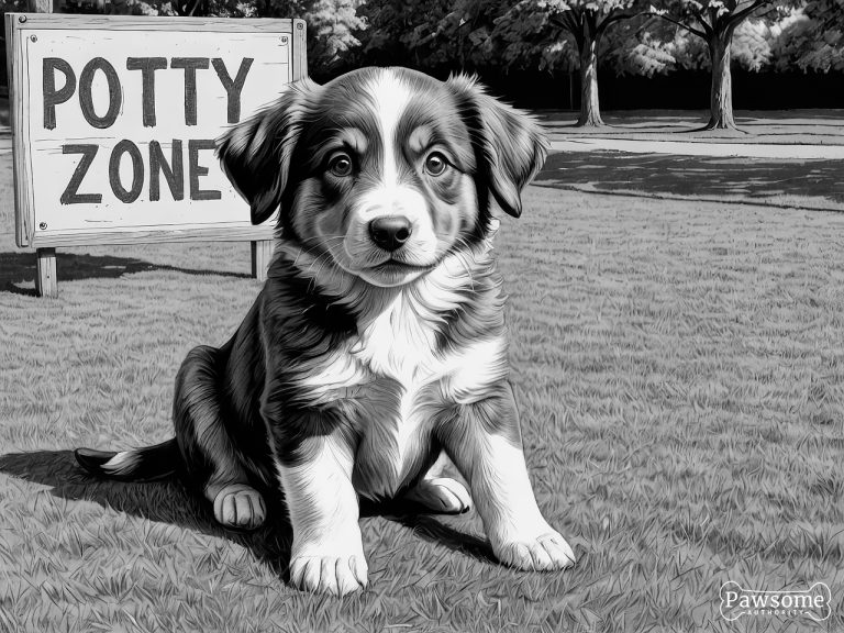 A grayscale illustration of an Australian Shepherd puppy sitting in a designated potty area in a yard with a sign that reads “Potty Zone”.