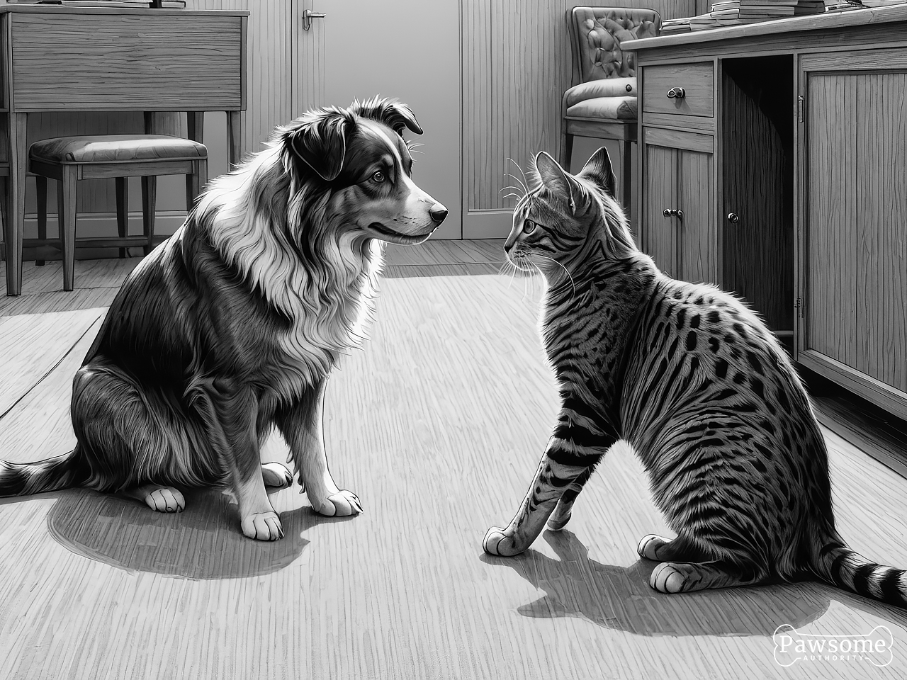 A grayscale illustration of an Australian Shepherd socializing with a cat in a living room.