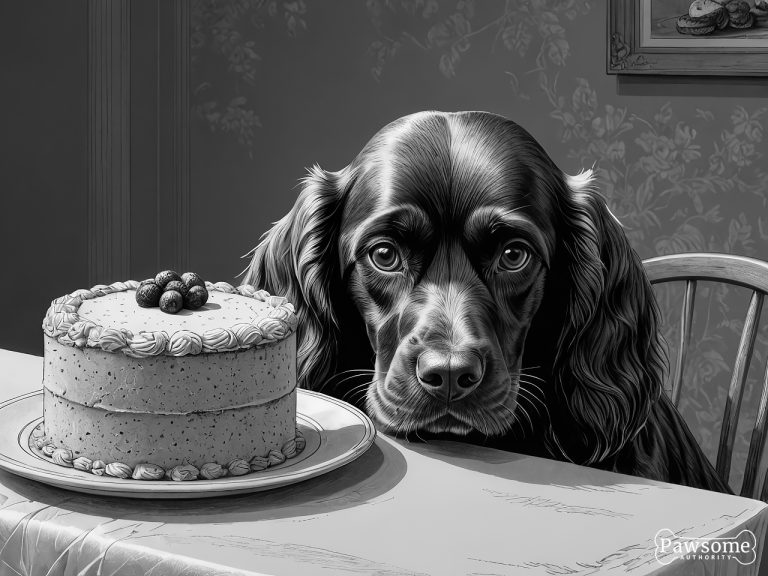 A grayscale illustration of an English Cocker Spaniel demonstrating focus and impulse control in the presence of delectable sweets.