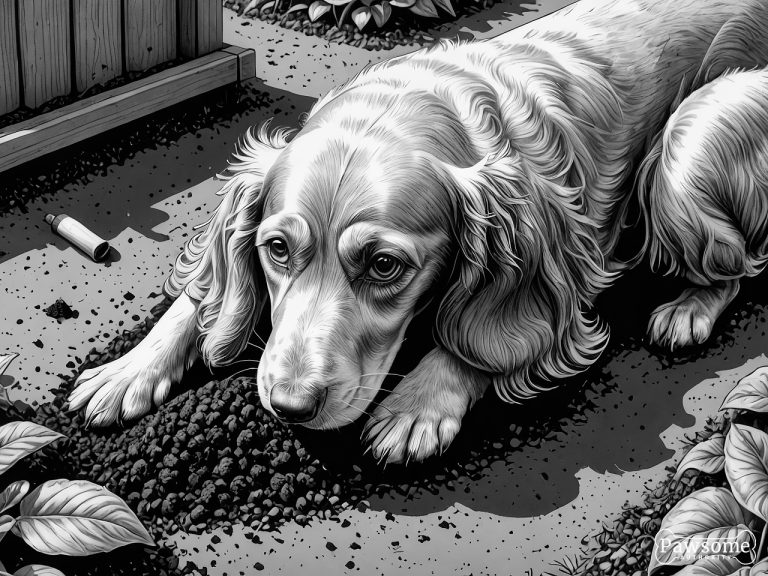 A grayscale illustration of an English Cocker Spaniel digging a hole in a garden on a bright and sunny day.