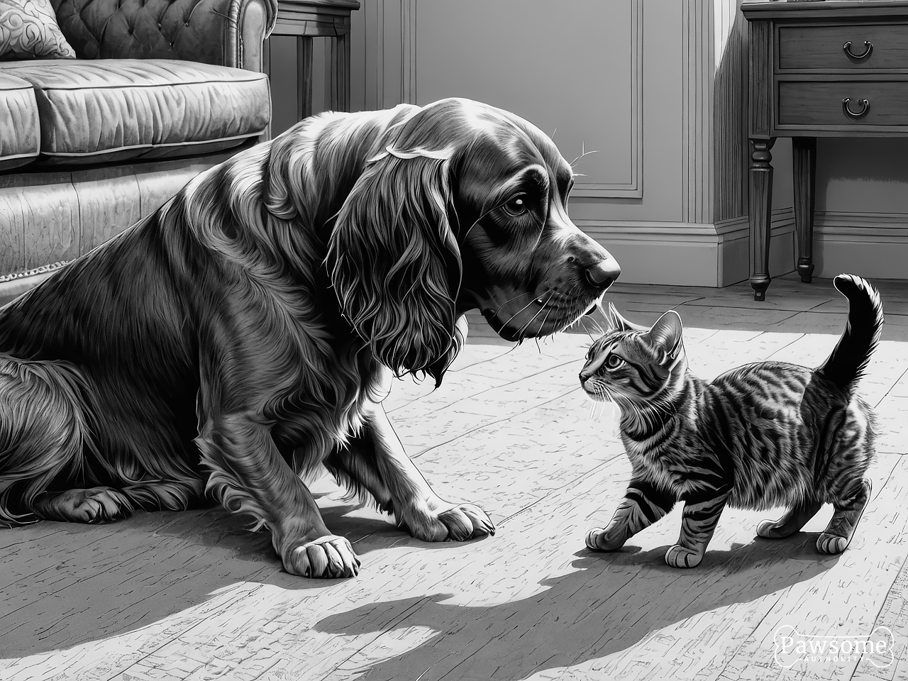 A grayscale illustration of an English Cocker Spaniel socializing with a cat on a rug in a living room.