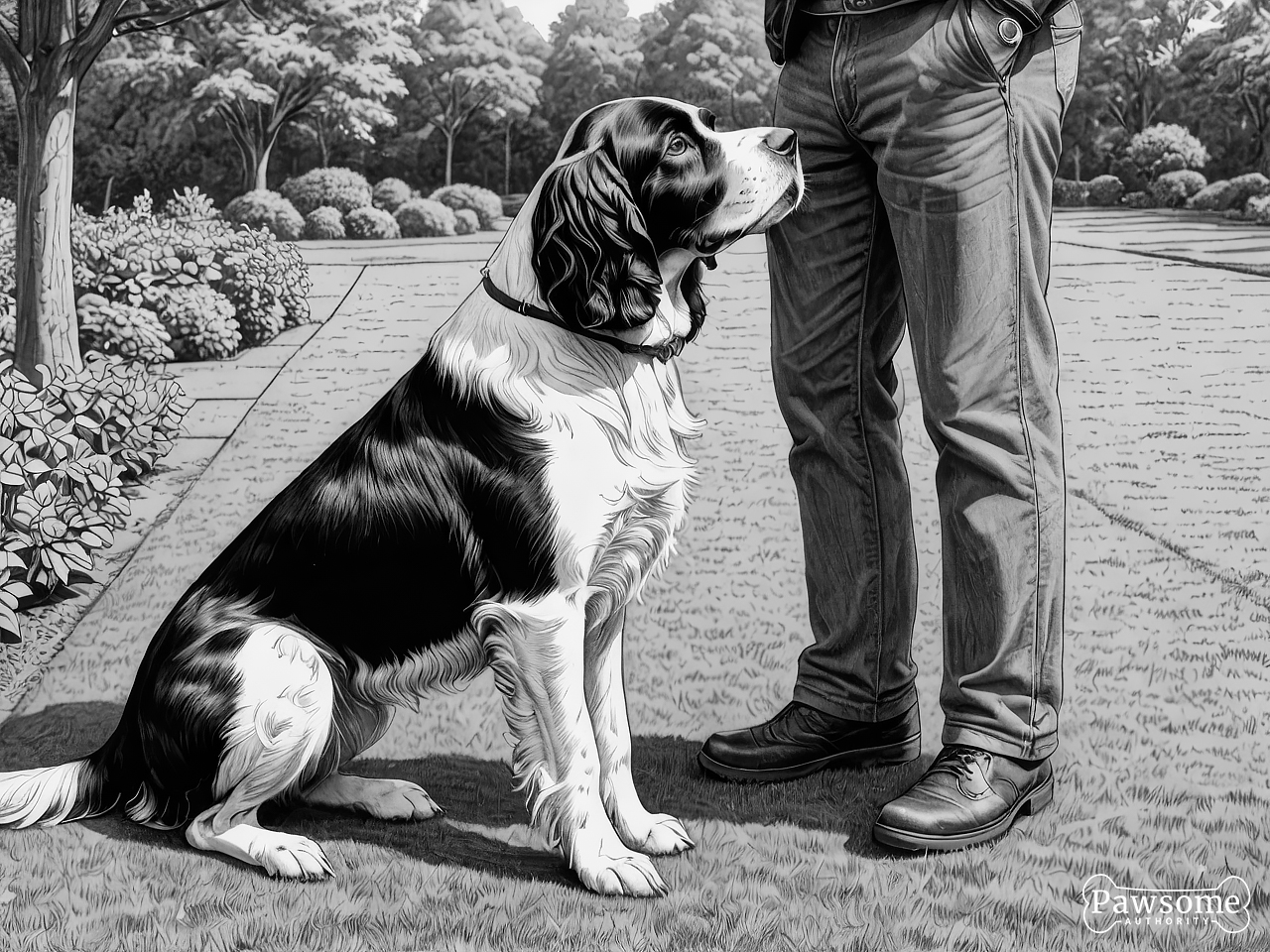 A grayscale illustration of an English Springer Spaniel beside its owner during an obedience training session in a yard on a sunny day.