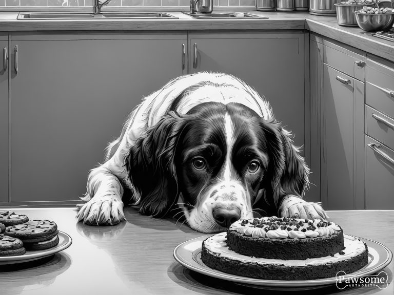 A grayscale illustration of an English Springer Spaniel demonstrating focus and impulse control in the presence of delectable sweets.
