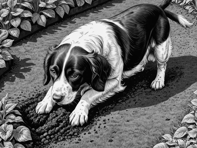 A grayscale illustration of an English Springer Spaniel digging a hole in a garden on a bright and sunny day.