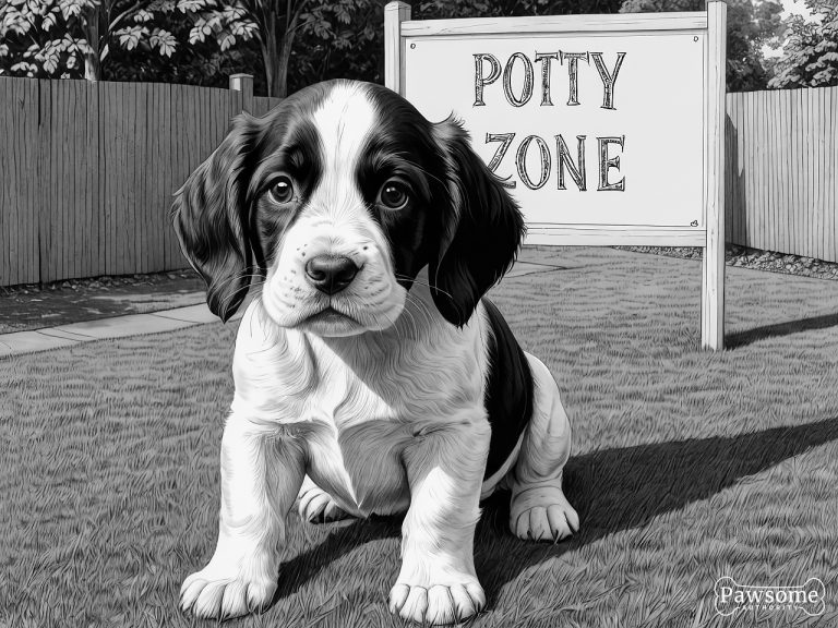 A grayscale illustration of an English Springer Spaniel puppy sitting in a designated potty area in a yard with a sign that reads “Potty Zone”.