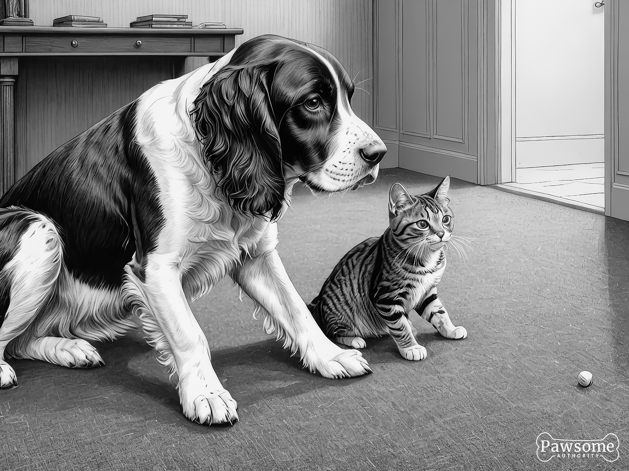 A grayscale illustration of an English Springer Spaniel socializing with a cat in a living room.