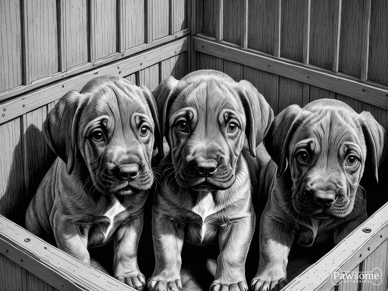 A grayscale illustration of Bloodhound puppies inside a wooden dog crate.