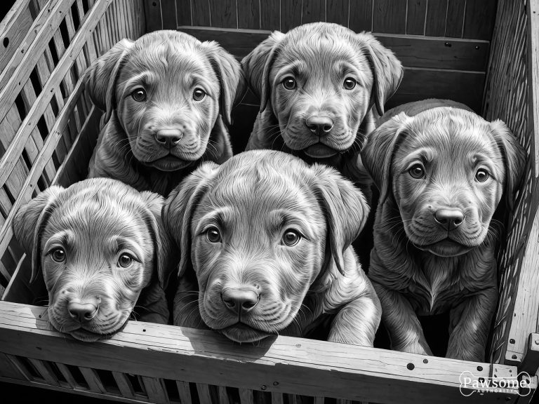 A grayscale illustration of Chesapeake Bay Retriever puppies inside a wooden dog crate.