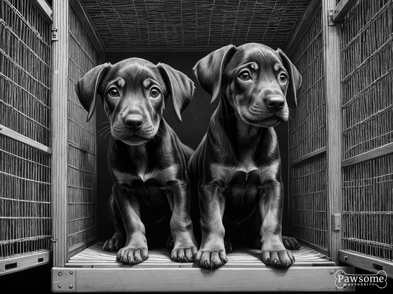 A grayscale illustration of Doberman Pinscher puppies inside a wooden dog crate.