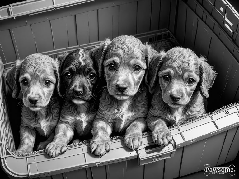A grayscale illustration of Miniature Poodle puppies inside a wooden dog crate.
